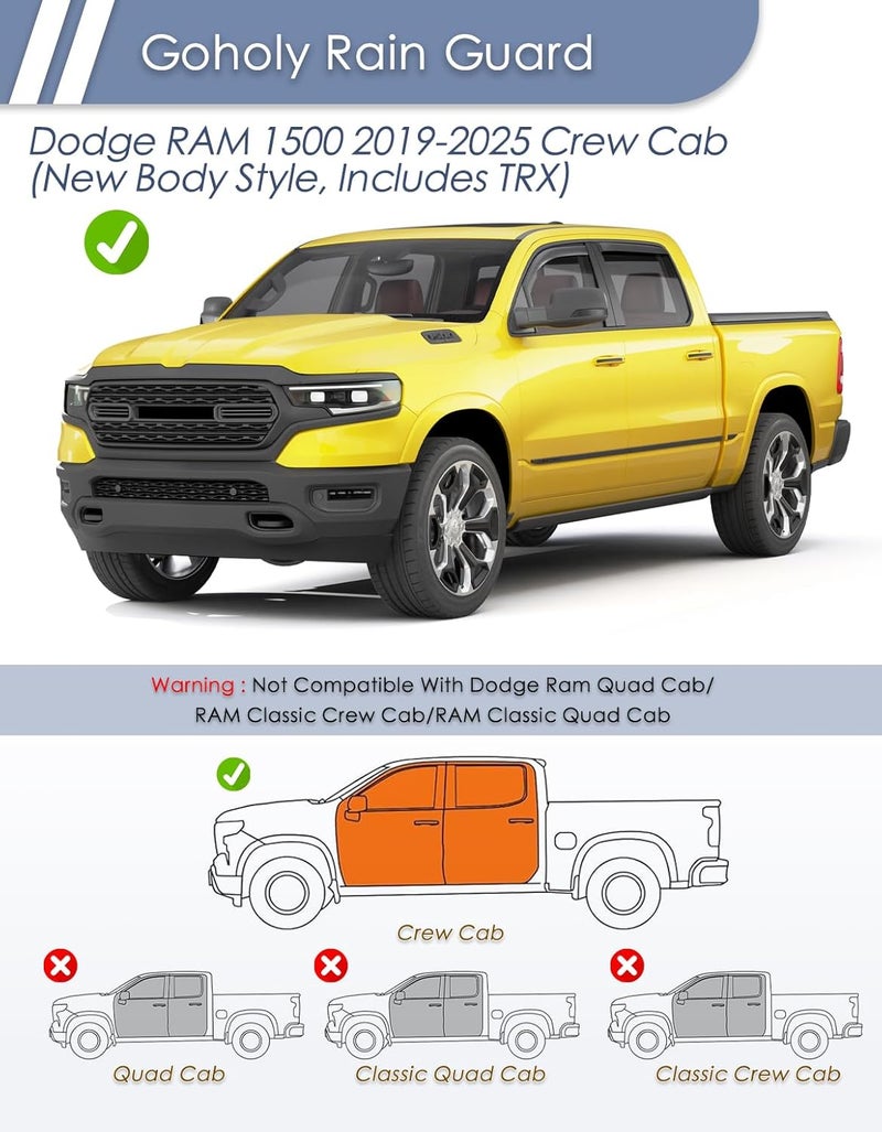 Goholy in-Channel Window Rain Guard for Dodge RAM 1500 (New Body Style Includes TRX) 2019-2026 Crew Cab Truck Rain Guards Side Window Visors Low Profile Vent Visor Window Deflectors Vent Shades - Image 3